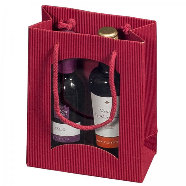 Geschenk-Flaschentasche für 2 Piccolo-Weinflaschen mit Sichtfenster Bordeaux