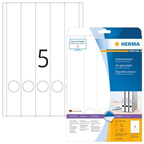 HERMA 5130 Ordneretiketten A4 38x297 mm weiß Papier matt blickdicht 125 Stück