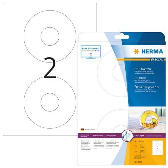 HERMA 4374 CD-Etiketten A4 Ø 116 mm transparent Folie glänzend 50 Stück