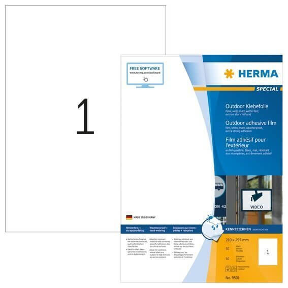 HERMA 9501 Etiketten A4 Outdoor Klebefolie 210x297 mm weiß extrem stark haftend Folie matt wetterfes
