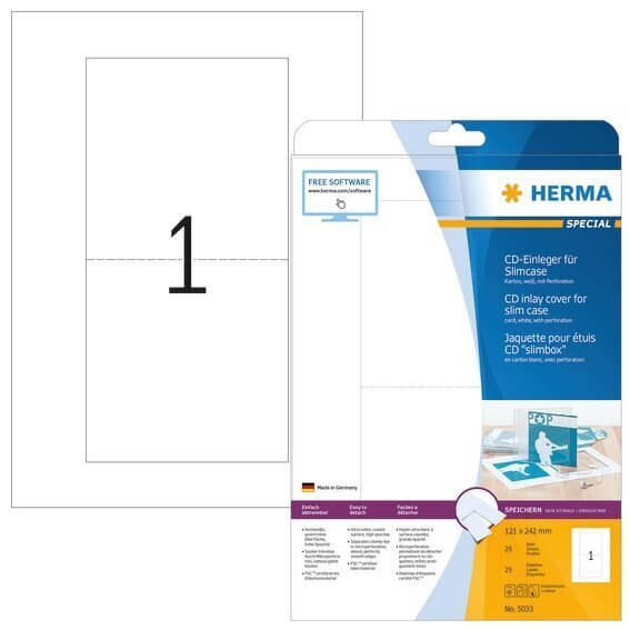 HERMA 5033 CD-Einleger für Slimcase A4 121x242 mm weiß Karton perforiert nicht klebend 25 Stück