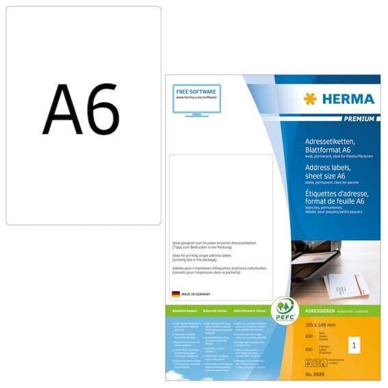 HERMA 8689 Adressetiketten Premium Blattformat A6 105x148 mm weiß Papier matt 800 Stück