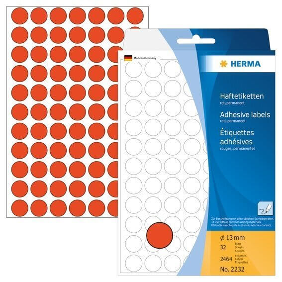HERMA 2232 Vielzwecketiketten/Farbpunkte Ø 13 mm rund Papier matt Handbeschriftung 2464 Stück Rot