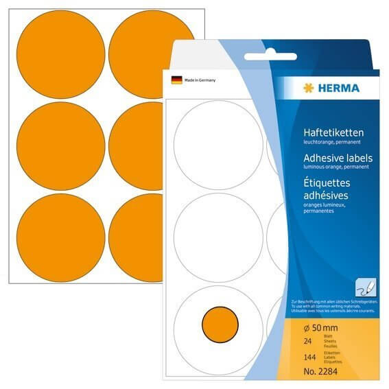 HERMA 2284 Vielzwecketiketten/Farbpunkte Ø 50 mm rund Papier matt Handbeschriftung 144 Stück Leuchto