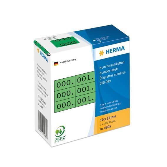 HERMA 4805 Nummernetiketten dreifach selbstklebend 10x22 mm grün/schwarz