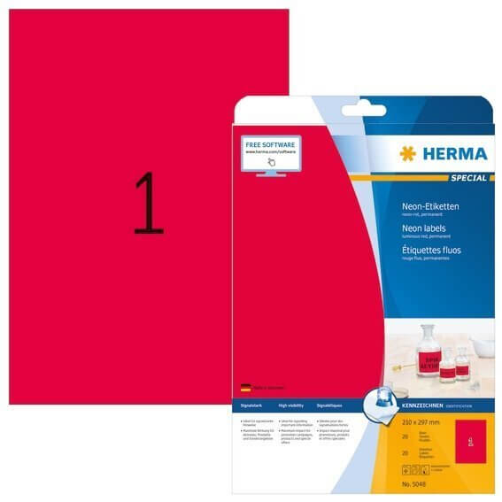 HERMA 5048 Neonetiketten A4 210x297 mm neon-rot Papier matt 20 Stück