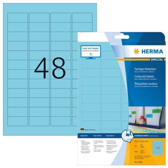 HERMA 4368 Farbige Etiketten A4 457x212 mm blau ablösbar Papier matt 960 Stück