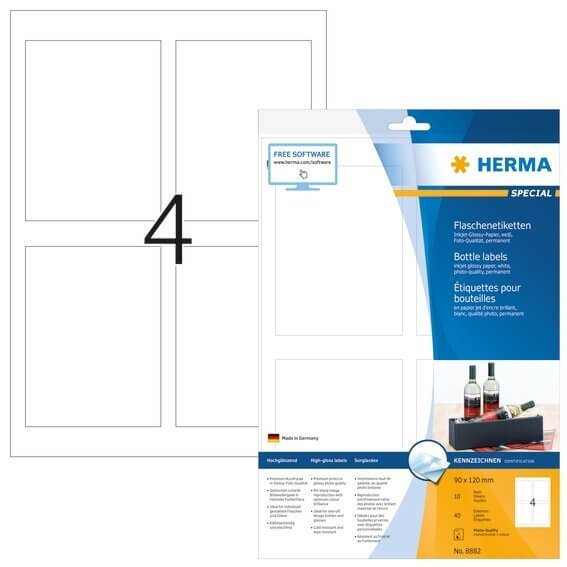 HERMA 8882 Flaschenetiketten A4 Inkjet 90x120 mm weiß Papier glänzend 40 Stück