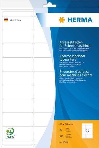 HERMA 4430 Adressetiketten für Schreibmaschinen A4 67x30 mm Papier matt Ecken rund 540 Stück