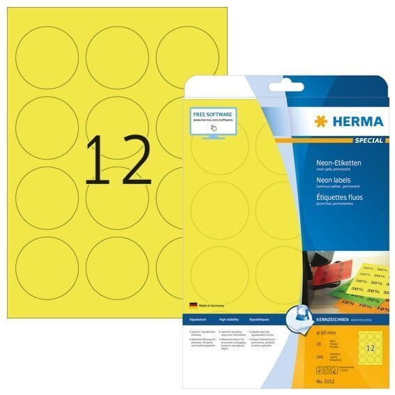 HERMA 5152 Neonetiketten A4 Ø 60 mm rund neon-gelb Papier matt 240 Stück