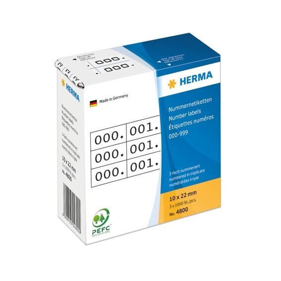 HERMA 4800 Nummernetiketten dreifach selbstklebend 10x22 mm weiß/schwarz