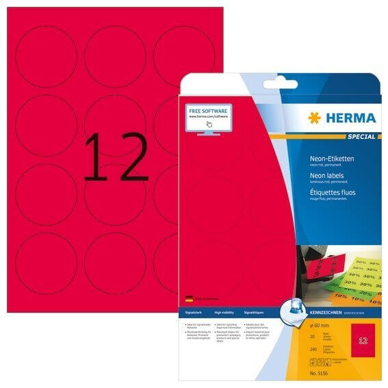 HERMA 5156 Neonetiketten A4 Ø 60 mm rund neon-rot Papier matt 240 Stück