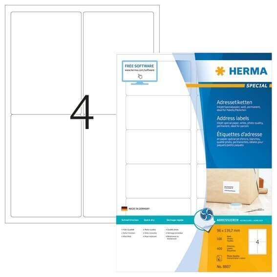 HERMA 8807 Inkjet Adressetiketten A4 96x1397 mm weiß Papier matt 400 Stück