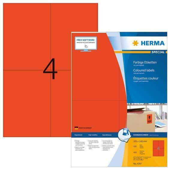 HERMA 4397 Farbige Etiketten A4 105x148 mm rot Papier matt 400 Stück