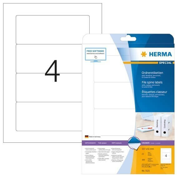 HERMA 5121 Ordneretiketten A4 157x61 mm für A5-Ordner weiß Papier matt blickdicht 100 Stück