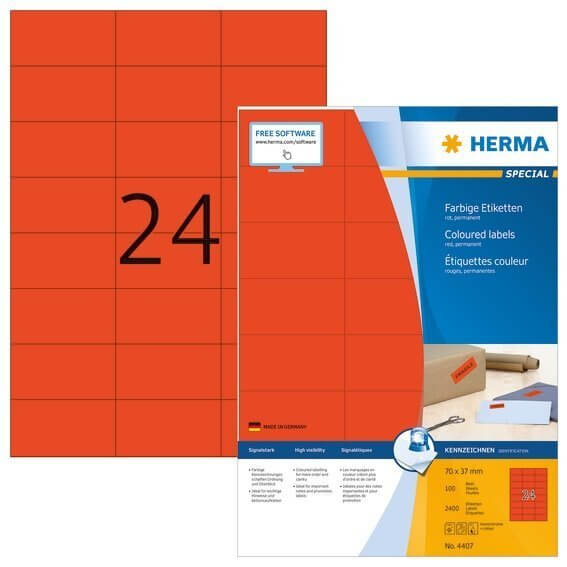 HERMA 4407 Farbige Etiketten A4 70x37 mm rot Papier matt 2400 Stück