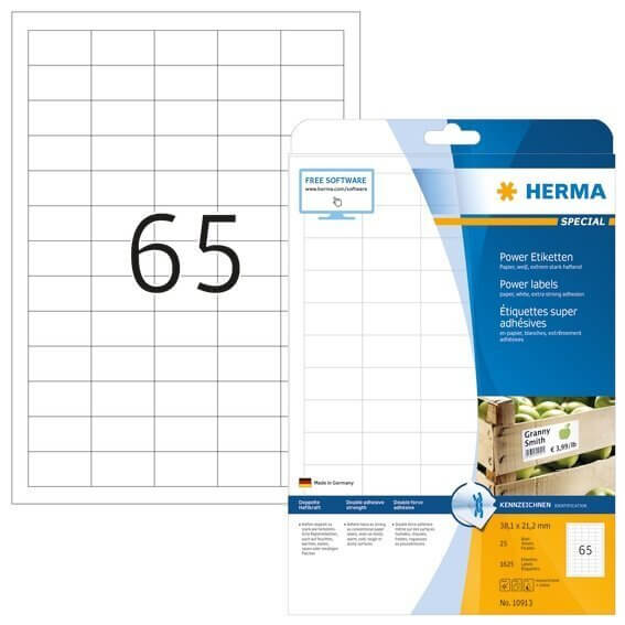 HERMA 10913 Etiketten A4 381x212 mm weiß extrem stark haftend Papier matt 1625 Stück