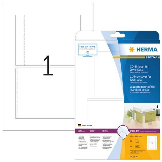 HERMA 5036 CD-Einleger für Jewelcase A4 151x118 mm weiß Karton perforiert nicht klebend 25 Stück