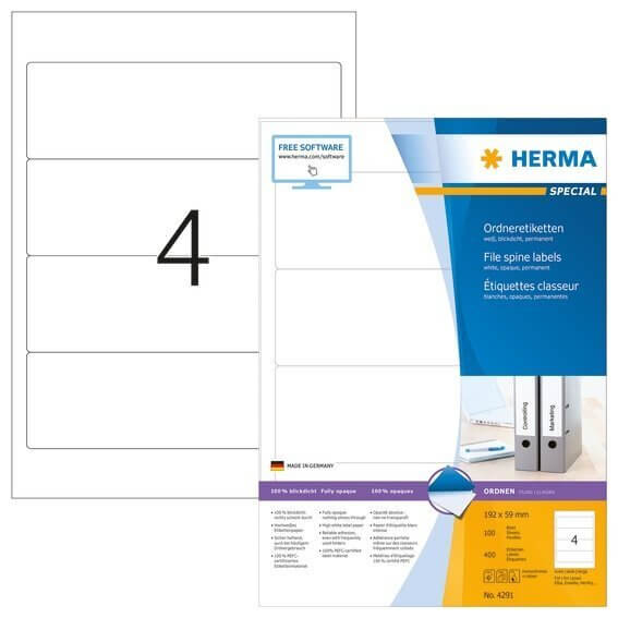 HERMA 4291 Ordneretiketten A4 192x59 mm weiß Papier matt blickdicht 400 Stück