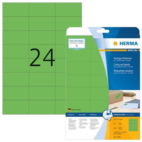 HERMA 4469 Farbige Etiketten A4 70x37 mm grün ablösbar Papier matt 480 Stück