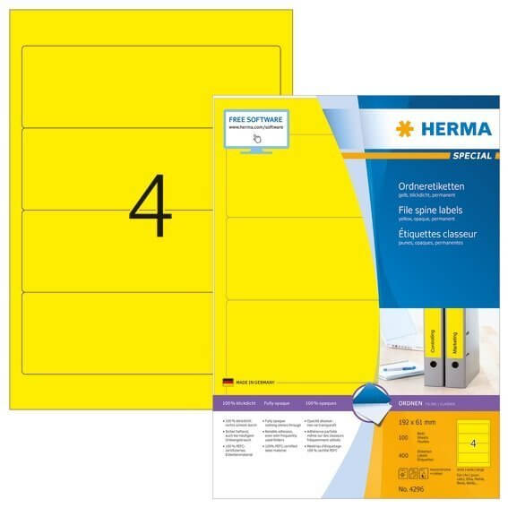 HERMA 4296 Ordneretiketten A4 192x61 mm gelb Papier matt blickdicht 400 Stück