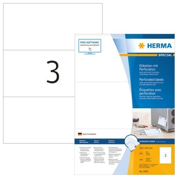 HERMA 4664 Etiketten A4 210x99 mm weiß perforiert Papier matt 300 Stück