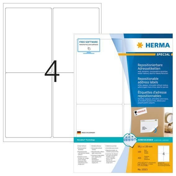 HERMA 10313 Repositionierbare Adressetiketten A4 991x139 mm weiß Movables Papier matt blickdicht 400