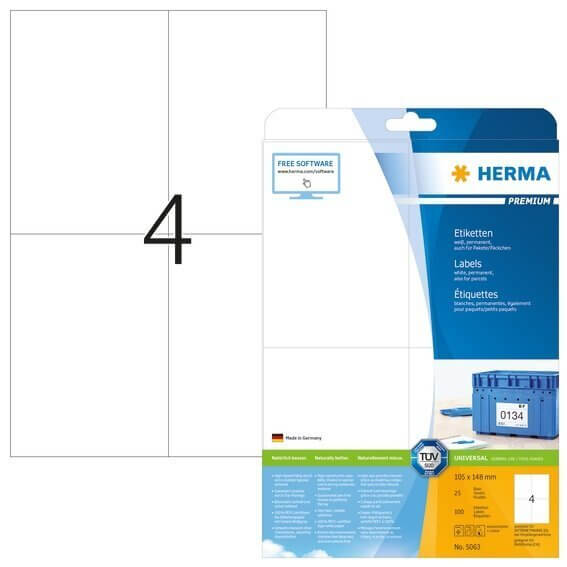 HERMA 5063 Etiketten Premium A4 105x148 mm weiß Papier matt 100 Stück