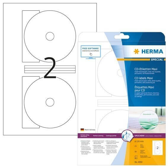 HERMA 4850 Inkjet CD-Etiketten Maxi A4 Ø 116 mm weiß Papier matt 50 Stück