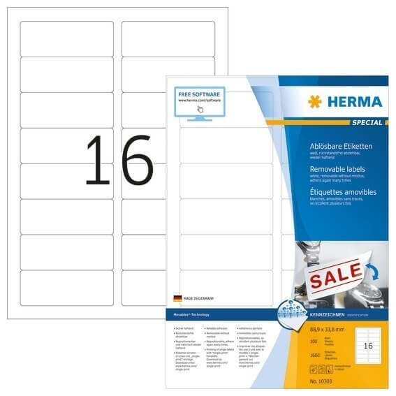HERMA 10303 Ablösbare Etiketten A4 889x338 mm weiß Movables/ablösbar Papier matt 1600 Stück