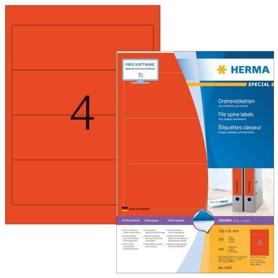 HERMA 4297 Ordneretiketten A4 192x61 mm rot Papier matt blickdicht 400 Stück