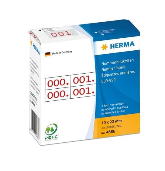 HERMA 4886 Nummernetiketten doppelt selbstklebend 10x22 mm Aufdruck rot 0-999