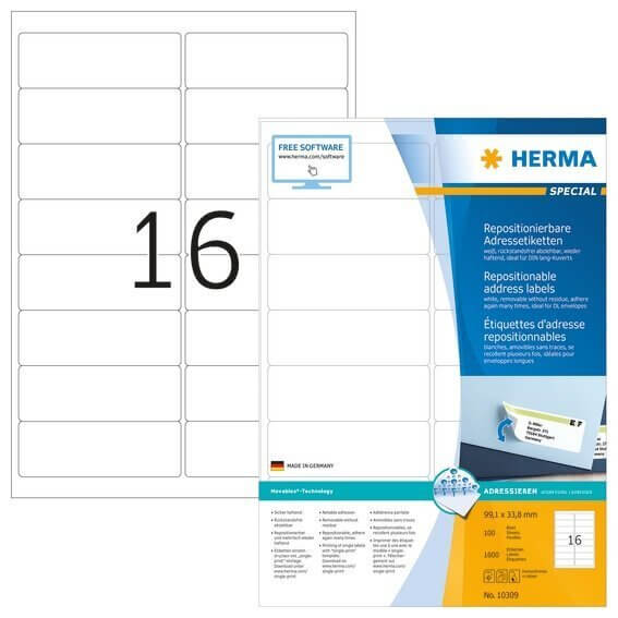 HERMA 10309 Repositionierbare Adressetiketten A4 991x338 mm weiß Movables Papier matt 1600 Stück