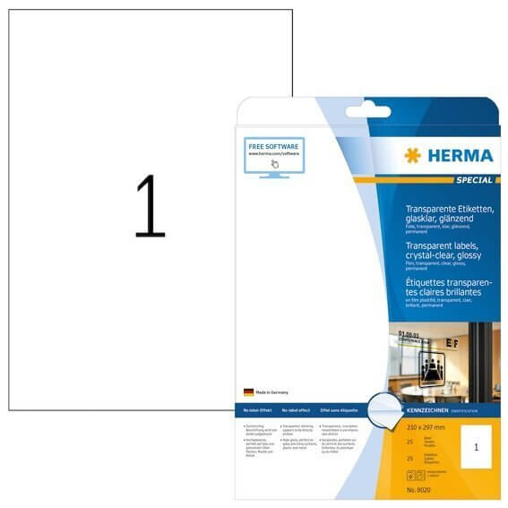 HERMA 8020 Etiketten transparent glasklar A4 210x297 mm transparent klar Folie glänzend 25 Stück