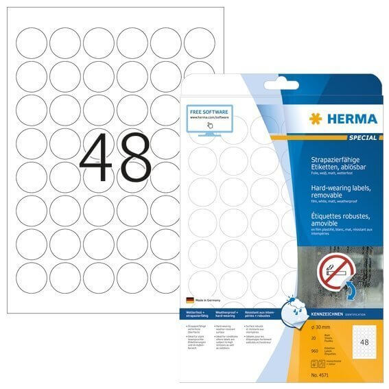 HERMA 4571 Wetterfeste Folien-Etiketten A4 Ø 30 mm ablösbar weiß matt strapazierfähig 960 Stück
