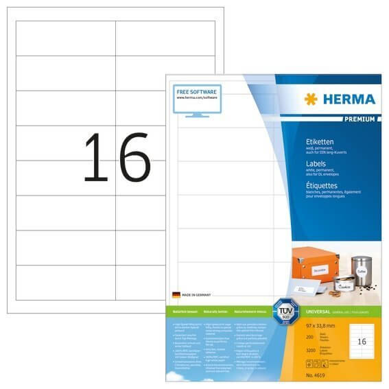 HERMA 4619 Etiketten Premium A4 97x338 mm weiß Papier matt 3200 Stück