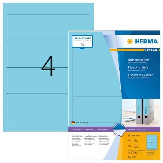 HERMA 4298 Ordneretiketten A4 192x61 mm blau Papier matt blickdicht 400 Stück