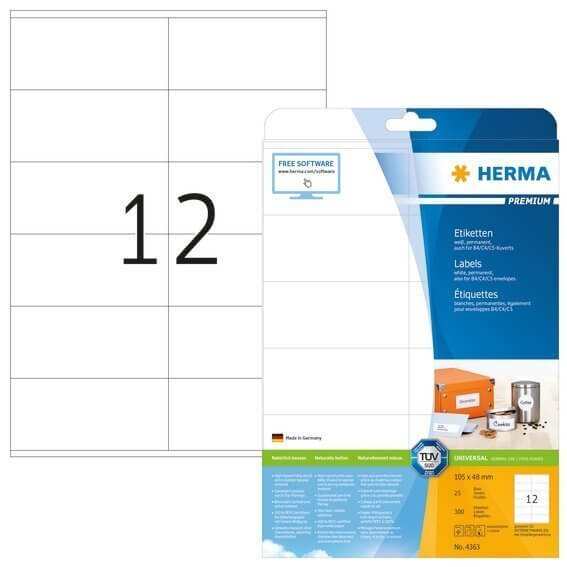 HERMA 4363 Etiketten Premium A4 105x48 mm weiß Papier matt 300 Stück