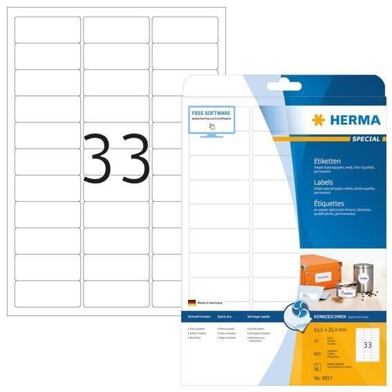 HERMA 8837 Inkjet-Etiketten A4 635x254 mm weiß Papier matt 825 Stück