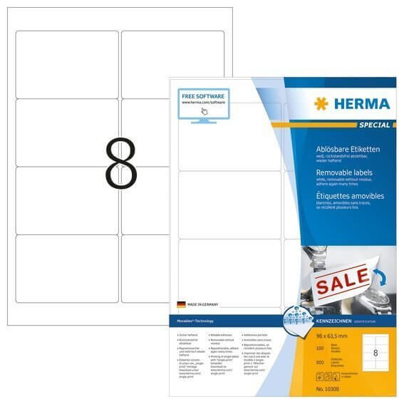 HERMA 10308 Ablösbare Etiketten A4 96x635 mm weiß Movables/ablösbar Papier matt 800 Stück