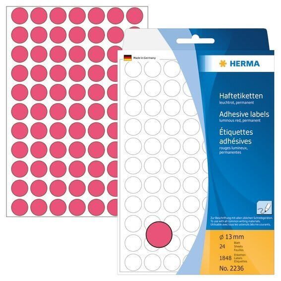 HERMA 2236 Vielzwecketiketten/Farbpunkte Ø 13 mm rund Papier matt Handbeschriftung 1848 Stück Leucht