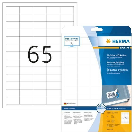 HERMA 4212 Ablösbare Etiketten A4 38,1x21,2 mm weiß Movables/ablösbar Papier matt 1625 Stück