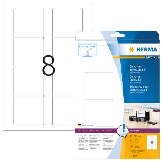 HERMA 4355 Disketten-Etiketten A4 70x677 mm weiß Papier matt 200 Stück