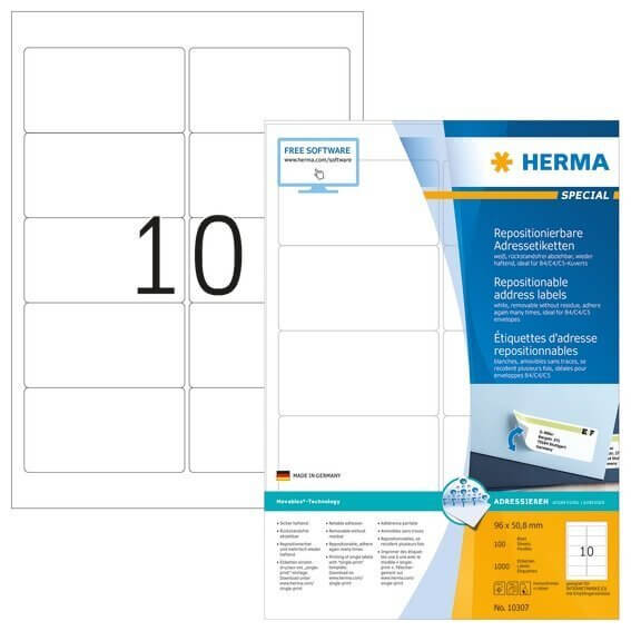 HERMA 10307 Repositionierbare Adressetiketten A4 96x508 mm weiß Movables Papier matt 1000 Stück