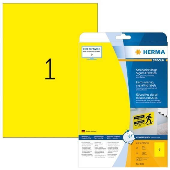 HERMA 8033 Signal-Schilder strapazierfähig A4 210x297 mm gelb stark haftend Folie matt wetterfest 25