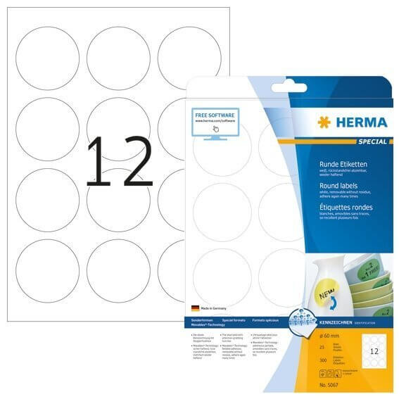 HERMA 5067 Ablösbare Etiketten A4 Ø 60 mm rund weiß Movables/ablösbar Papier matt 300 Stück