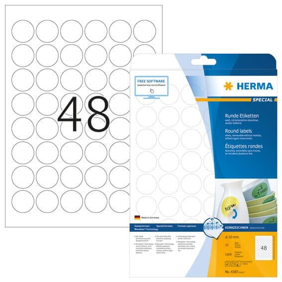 HERMA 4387 Ablösbare Etiketten A4 Ø 30 mm rund weiß Movables/ablösbar Papier matt 1200 Stück