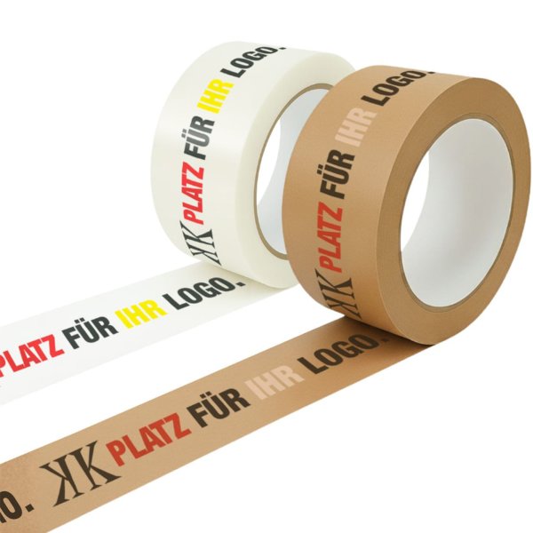 Bedruckbares Papierklebeband 1-3-farbig – leise abrollend, in weiß & braun