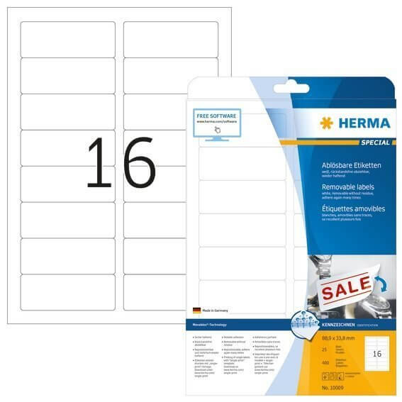 HERMA 10009 Ablösbare Etiketten A4 889x338 mm weiß Movables/ablösbar Papier matt 400 Stück