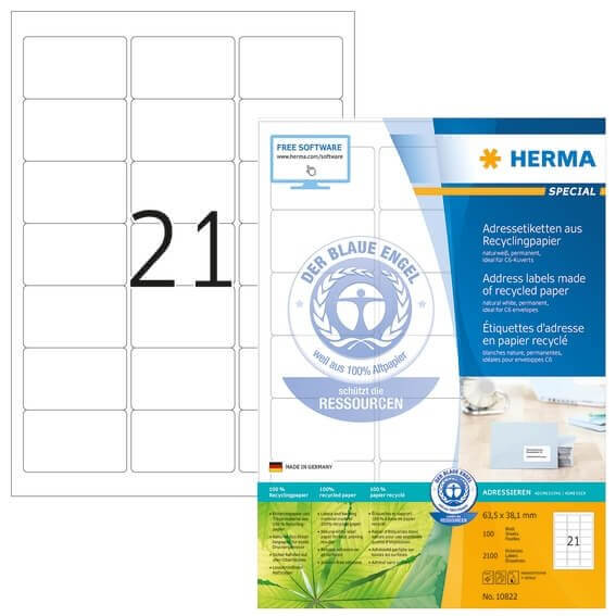 HERMA 10822 Adressetiketten A4 635x381 mm weiß Recyclingpapier matt Blauer Engel 2100 Stück